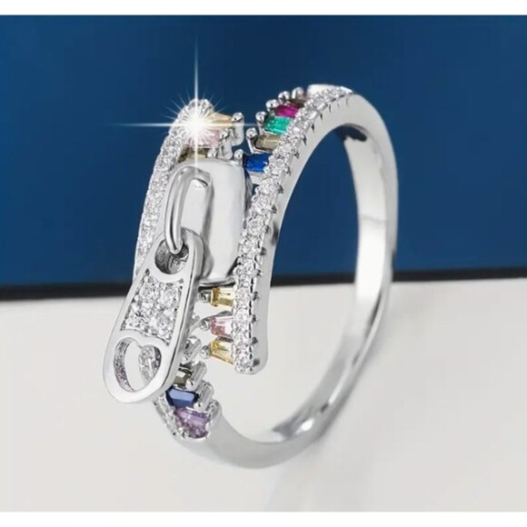 Unique Silve Zipper Ring Multicolored Baguette Stones Size 8 - Picture 1 of 5